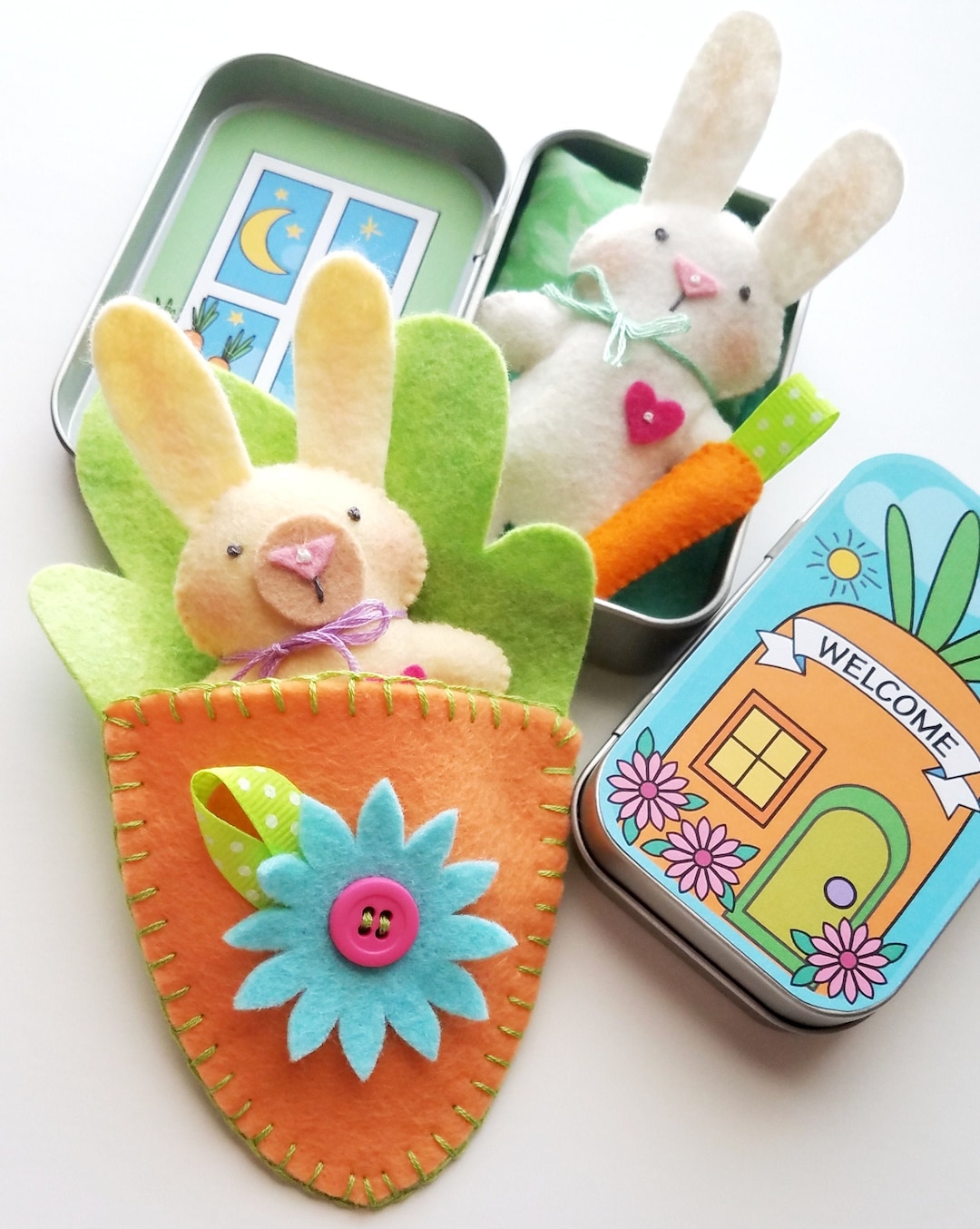 Bunny Rabbit Tin Play Set Felt Sewing Pattern Toy Easter Spring Carrot ...