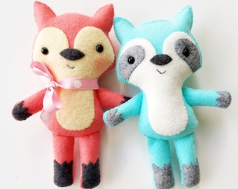 Felt Doll Softie Toy Sewing Pattern - Fox and Raccoon Woodland Animal - Tutorial - PDF ePATTERN - DIY e Pattern