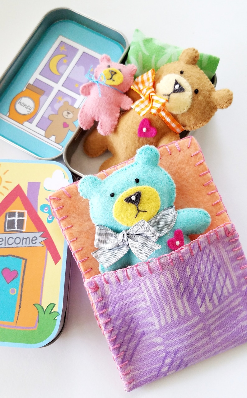 Bear Tin Play Set Felt Sewing Pattern Toy Teddy Bear Sleeping Bag Tutorial PDF ePATTERN e pattern Hand Sewing Woodland Animal image 4