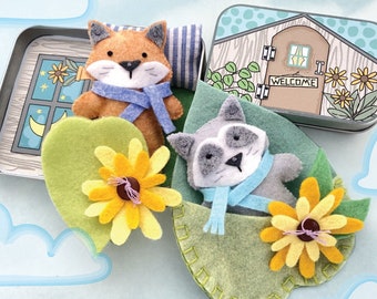 Felt Fox and Raccoon Tin Play Set Felt Sewing Pattern Toy - Sleeping Bag - Tutorial PDF ePATTERN - e pattern Hand Sewing Woodland Animal DIY