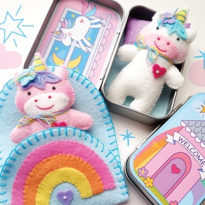 Unicorn Tin Play Set Felt Sewing Pattern Toy Magical Rainbow Sleeping Bag Tutorial PDF ePATTERN e pattern Hand Sewing Animal image 1