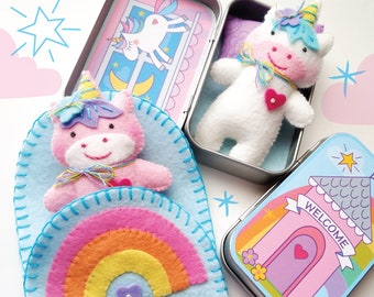 Unicorn Tin Play Set Felt Sewing Pattern Toy Magical Rainbow Sleeping Bag - Tutorial PDF ePATTERN - e pattern - Hand Sewing Animal