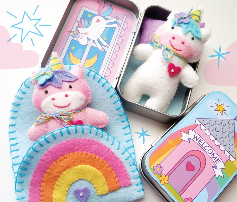 Unicorn Tin Play Set Felt Sewing Pattern Toy Magical Rainbow Sleeping Bag Tutorial PDF ePATTERN e pattern Hand Sewing Animal image 1