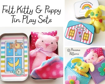 Kitty and Puppy Tin Play Sets Felt Sewing Pattern Toy - Cat - Dog Sleeping Bag - Tutorial - PDF ePATTERN - e pattern - Hand Sewing Animal