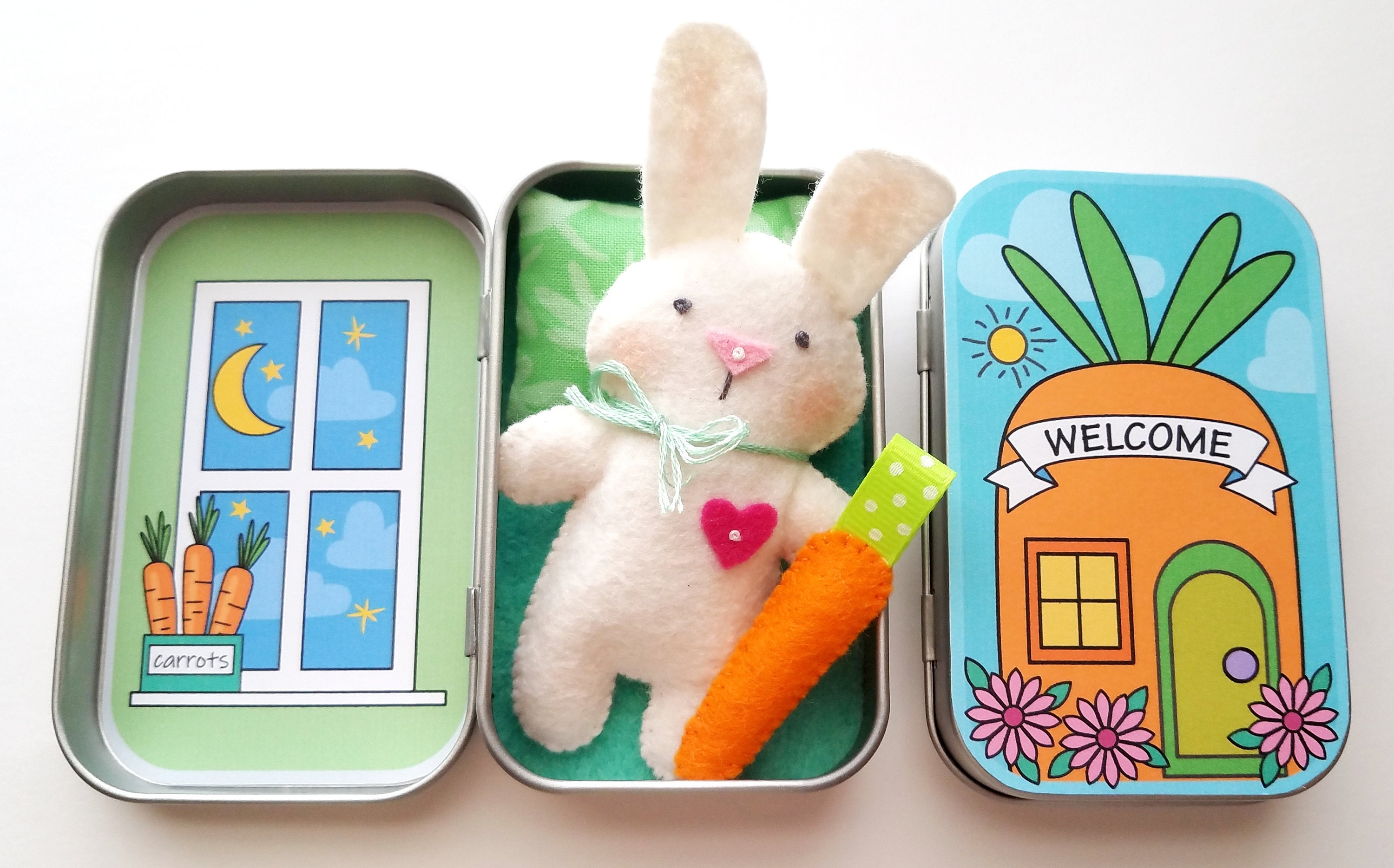 Bunny Rabbit Tin Play Set Felt Sewing Pattern Toy Easter Spring Carrot ...