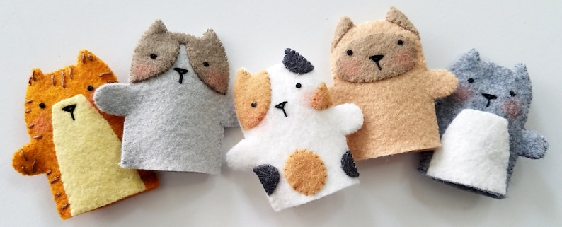 Kitty Cat Felt Finger Puppets Sewing Pattern PDF ePATTERN for Five different Kitty Cats & Carrying Case Siamese, Calico image 3