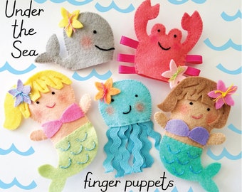 Mermaid Under The Sea Felt Finger Puppets Sewing Pattern - PDF ePATTERN for Mermaid Whale Crab octopus