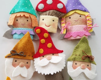 Felt Finger Puppets Sewing Pattern Garden Gnomes and Fairies and Mushroom - PDF e PATTERN