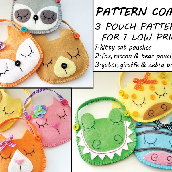 Felt Animal Pouch Toy Bag PDF Couture e Pattern Tutorial COMBO - Gator - Girafe - Zèbre - Renard - Raton laveur - Ours - Kitty Cat téléchargement instantané