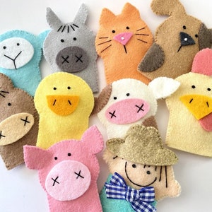 May include: A set of ten felt finger puppets featuring farm animals, including a pig, cow, horse, chicken, duck, sheep, donkey, dog, cat, and a farmer. The puppets are all brightly colored and have embroidered details.