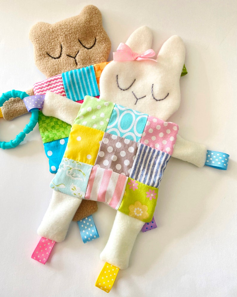 Bear and Bunny Crinkle Baby Softie Toy Sewing Pattern PDF ePATTERN fleece ribbon plush softy e pattern Patchwork Quilt Toy Tutorial DIY image 3