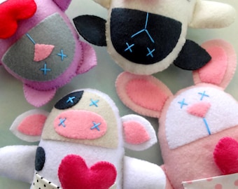 Nine Felt Animal Softies Sewing Pattern - Spring Animals - PDF ePATTERN for Pig, Cow, Chicken, Sheep, Dog, Cat, Frog, Bunny & Chick