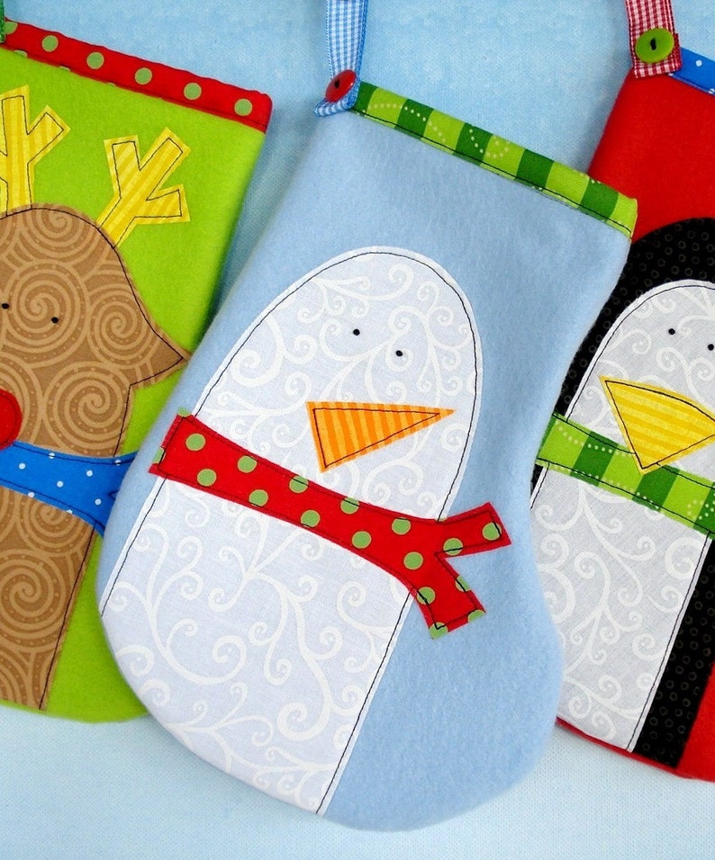 Christmas Stocking Sewing Pattern for Penguin, Snowman and Reindeer Stockings and Applique Designs PDF ePattern image 1