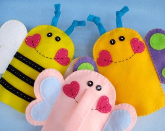 Valentine Felt Hand Puppets Sewing Pattern - PDF ePATTERN for Elephant, Butterfly and Bee