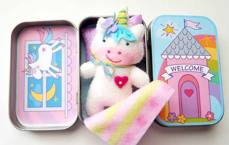 Unicorn Tin Play Set Felt Sewing Pattern Toy Magical Rainbow Sleeping Bag Tutorial PDF ePATTERN e pattern Hand Sewing Animal image 3