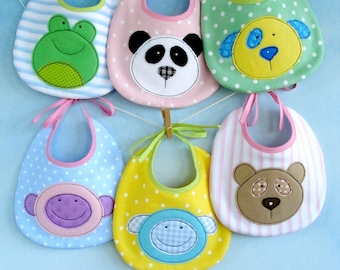 SALE - PDF ePattern for Baby Animal Appliques and Bib - Teddy, Panda, Dog, Monkey, Sheep and Frog Sewing Pattern