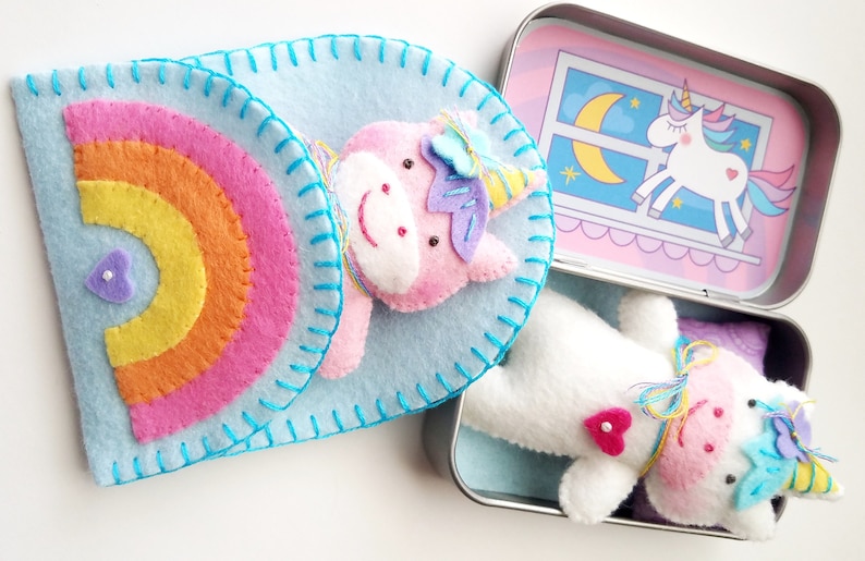 Unicorn Tin Play Set Felt Sewing Pattern Toy Magical Rainbow Sleeping Bag Tutorial PDF ePATTERN e pattern Hand Sewing Animal image 4