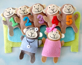 Felt Sewing Pattern - Five Little Monkeys Finger Puppet Set Felt Sewing Pattern Tutorial - PDF e PATTERN