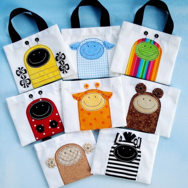 Sewing Pattern - Mini Tote Bags with Critter Appliques - Ladybug, Beetle, Bumble Bee, Monkey, Sheep, Bear, Giraffe and Zebra - PDF ePattern