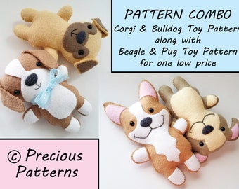 Puppy Dog Felt Toy PDF Sewing e Pattern COMBO - Beagle - Pug - Corgi - Bulldog - diy instant download