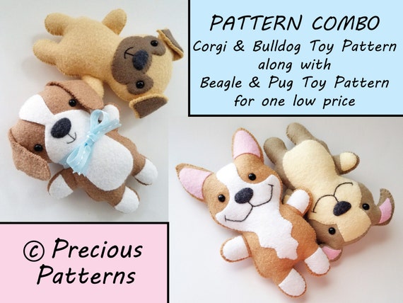 Puppy Dog Felt Toy PDF Sewing E Pattern COMBO Beagle Pug Corgi