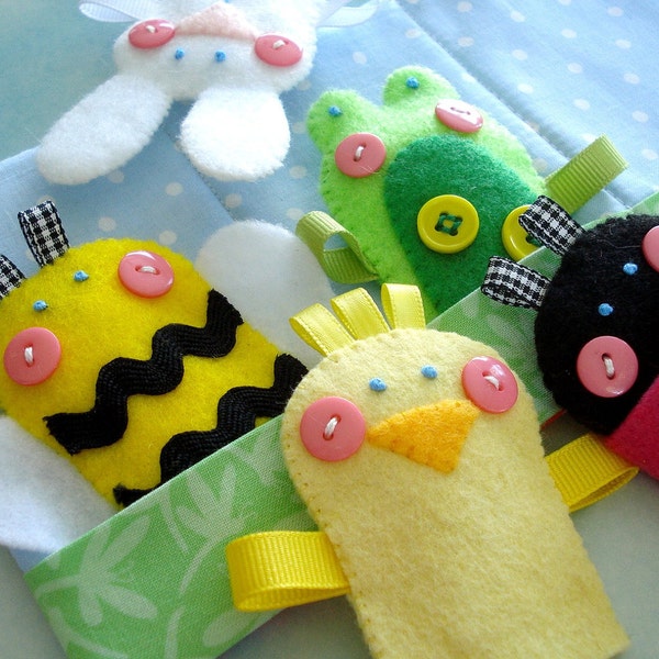 Felt Sewing Pattern - Spring Felt Finger Puppets Sewing Pattern - PDF ePATTERN for Chick, Bunny, Bumble Bee, Ladybug, Frog & Carrying Case