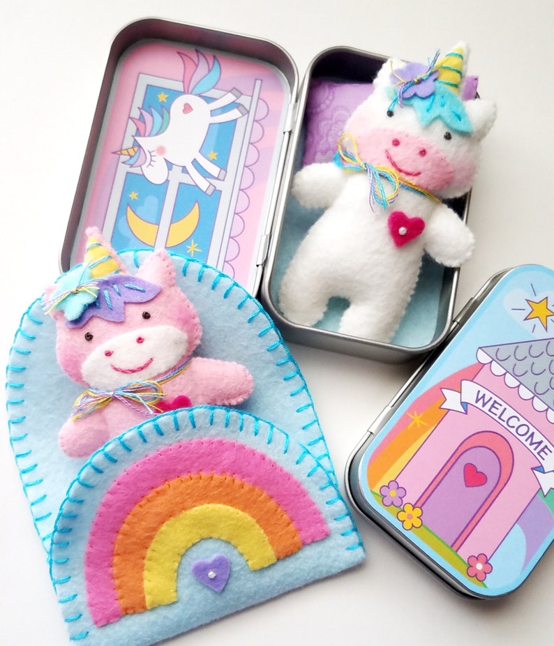 Unicorn Tin Play Set Felt Sewing Pattern Toy Magical Rainbow Sleeping Bag Tutorial PDF ePATTERN e pattern Hand Sewing Animal image 2