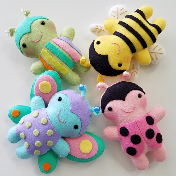 Felt Sewing Pattern Toy Softies - Ladybug - Bumble Bee - Beetle - Butterfly - Tutorial - PDF e PATTERN - Spring Bug epattern Softy