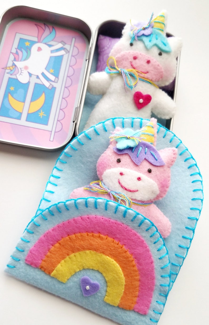 Unicorn Tin Play Set Felt Sewing Pattern Toy Magical Rainbow Sleeping Bag Tutorial PDF ePATTERN e pattern Hand Sewing Animal image 7