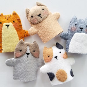 Kitty Cat Felt Finger Puppets Sewing Pattern - PDF ePATTERN for Five different Kitty Cats & Carrying Case - Siamese, Calico