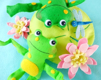 Felt Frog Softies Sewing Pattern - PDF ePATTERN for Frogs, Lily Pad, Lily & Dragonfly Play Set