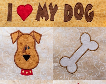 5 つの刺繍機アップリケ デザイン - 「I love my dog」、子犬の顔、骨、消火栓、足！ すぐにダウンロードできます。 5 つの犬のデザイン セット！