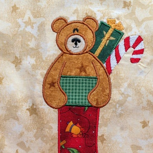 Christmas stocking with bear, candy cane, and present applique machine embroidery design. 5x7 hoop size!   INSTANT DOWNLOAD!