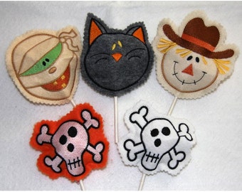 Halloween sucker cover set #2  includes 4 designs-cat, mummy, skull and scarecrow 4x4 hoop machine embroidery INSTANT DOWNLOAD