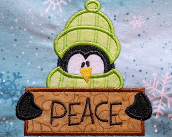 ペンギンとピースサインのアップリケ機械刺繍デザイン: 2つのサイズが含まれています 4x4と5x7のフープサイズ 即時ダウンロード