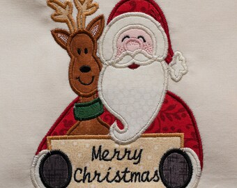 Santa Reindeer holding Merry Christmas Sign Applique - 5x7 hoop- machine embroidery design - INSTANT DOWNLOAD