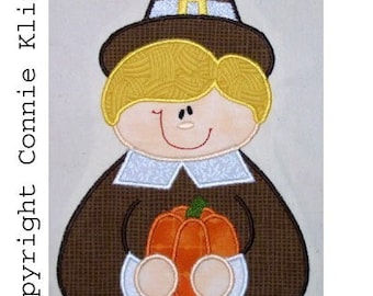 Pilgrim Boy with pumpkin Machine Embroidery Applique 5x7 hoop Fall-Thanksgiving CUTE INSTANT DOWNLOAD