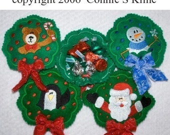 Christmas Wreath Candy Cozies-Machine embroidery design-set of 4-  4x4 hoop Santa Penguin Snowman Bear INSTANT DOWNLOAD