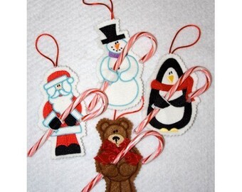 クリスマス キャンディ ケイン オーナメント 4 つの機械刺繍デザイン サンタ クマ 雪だるま ペンギン 即時ダウンロード