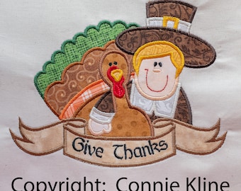 Thanksgiving Turkey and Pilgrim-Give Thanks Banner-Applique Machine embroidery design large (5.67x7.46inches) and 5x7 hoop Instant Download