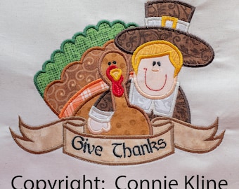 Thanksgiving Turkey and Pilgrim-Give Thanks Banner-Applique Machine embroidery design large (5.67x7.46inches) and 5x7 hoop Instant Download