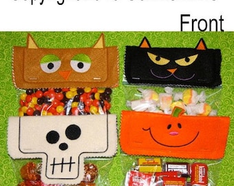 ハロウィン キャンディ バッグ トッパー セット 4 個セット 機械刺繍デザイン カボチャ、頭蓋骨、フクロウ、猫 5X7 フープ - 即時ダウンロード