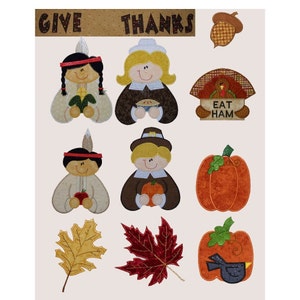 Thanksgiving applique set machine embroidery 12 designs Pilgrim Indian turkey acorn pumpkin leaf crow INSTANT DOWNLOAD