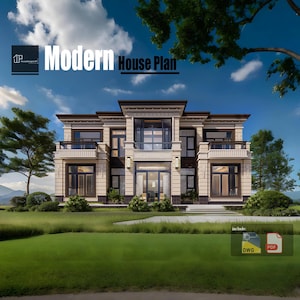 Modern huisplan, 6 slaapkamers, 4 badkamers, 366 m²/3939 sqft. Met gratis origineel CAD-bestand (metrische en Engelse eenheden)