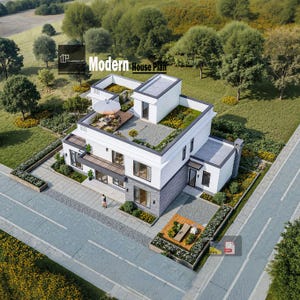 May include: An aerial view of a modern two-story house plan with a flat roof, featuring a rooftop garden and outdoor seating area. The house has a white exterior with gray stone accents and the text "Modern House Plan".