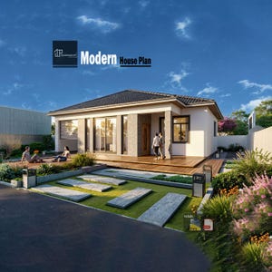 Planta de casa térrea moderna: 3 quartos, garagem, quintal (arquivos CAD e PDF)