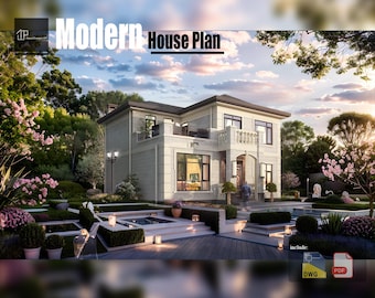 Plano de casa moderna de 5 dormitorios: 220 m² con archivo CAD (descarga digital)