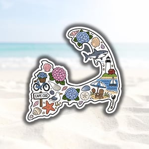 Cape Cod Map Sticker, Massachusetts Coastal Collage Decal, Beach Vacation Art