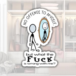 May include: A white sticker featuring a stick figure looking into a mirror. The mirror reflects a smiling stick figure. Text on the sticker reads "NO OFFENSE TO MYSELF, but what the FUCK is wrong with me?"