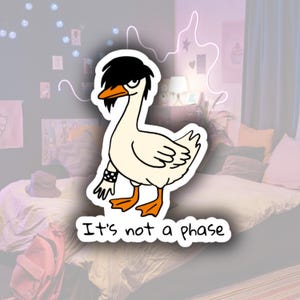May include: A sticker featuring a cartoon goose with black hair, an orange beak and feet, and a studded wristband. The text "It's not a phase" is below the goose. The goose is cream-colored with black outlines.